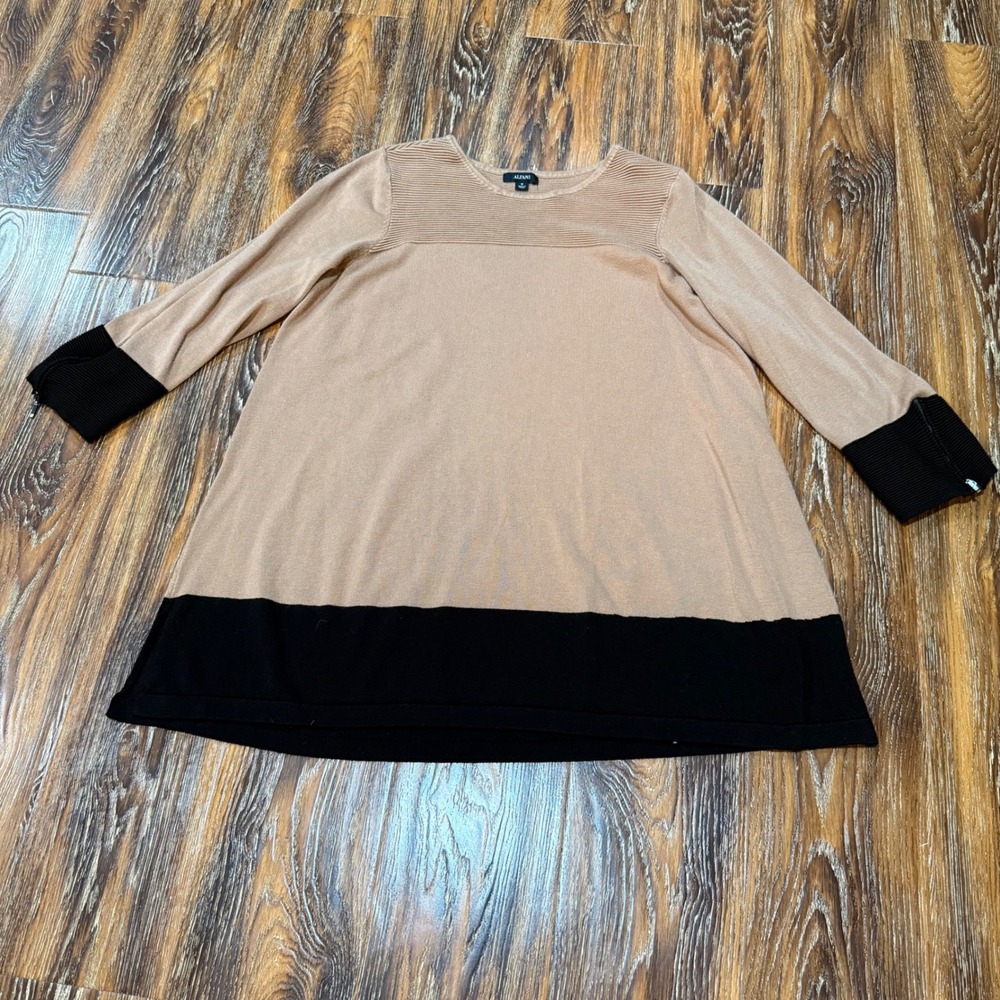 Alfani 1X Tunic Sweater Womens Tan Black Colorblock Ribbed Yoke Long Sleeve